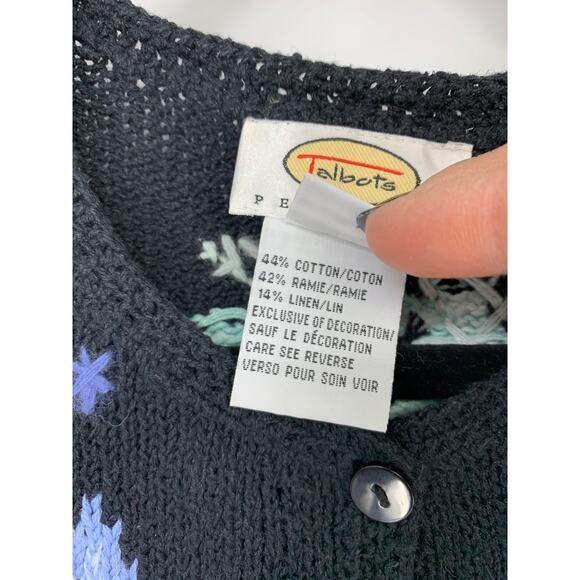 Talbots Petites Size MP Snowflake Print Button Front Cardigan Sweater Black Pink - Picture 4 of 5